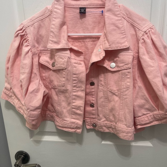 SHEIN Jackets & Blazers - SHEIN Pink Cropped Jean Jacket Puff Sleeves